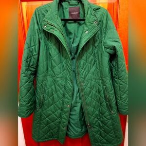 Talbots Quilted Trench Fall Coat Puffer Mandarin Neck Kelly Green Long Pocket